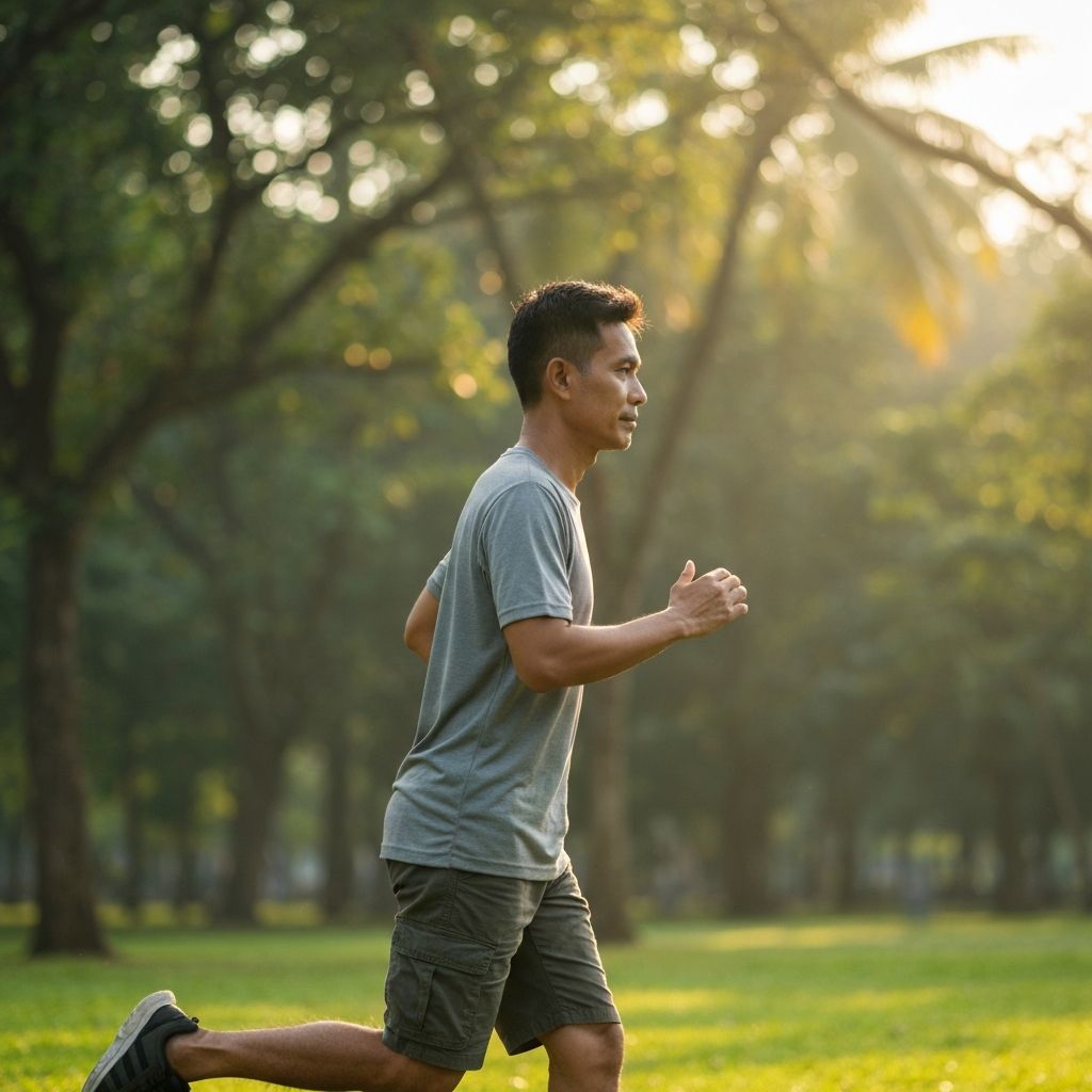 Pria Indonesia setengah baya berjalan di taman tropis hijau saat pagi hari