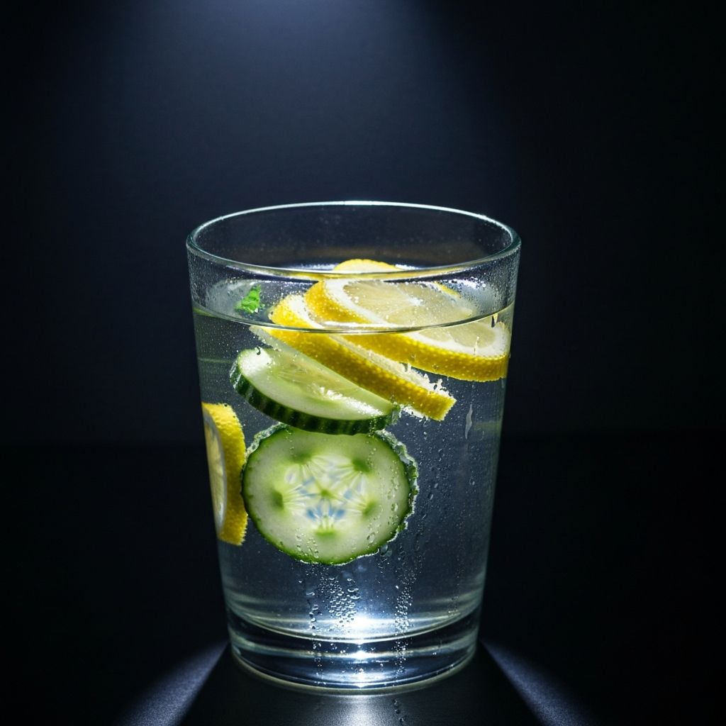 Segelas air bening dengan irisan mentimun dan lemon, simbol hidrasi sehat